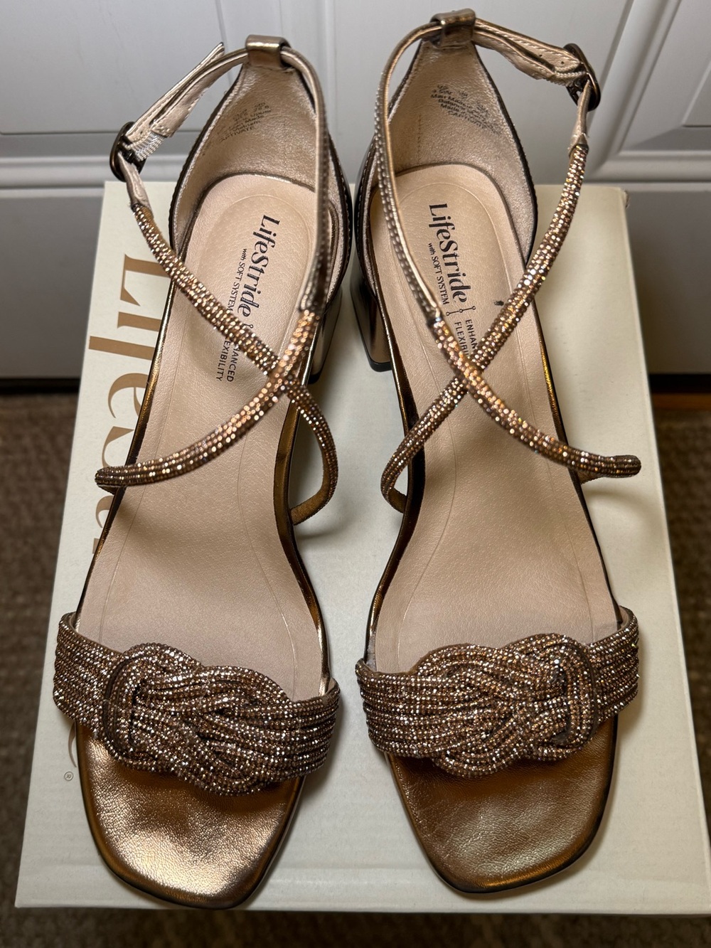 Life Stride Captivate Strappy Block Heel Dress Sandals in Bronze Faux Leather